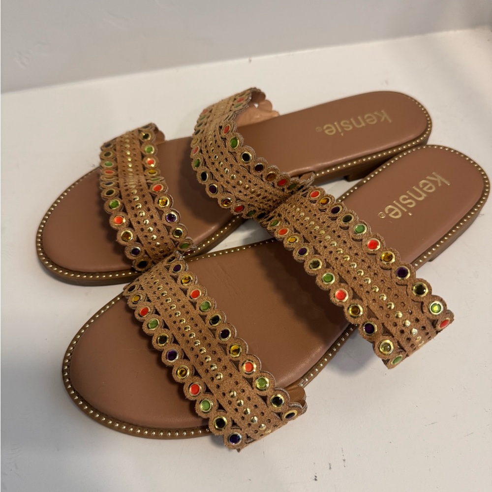 Kensie Tan Multicolor Studded Double-Strap Slide Sandals